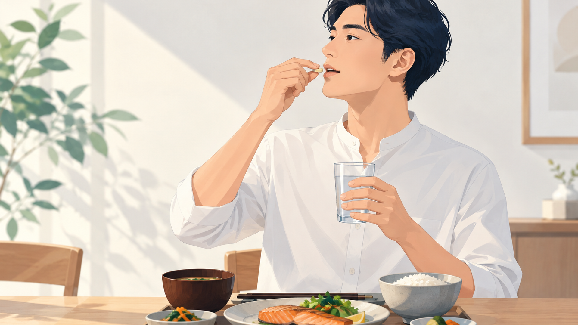 定食を前に食事の直前にサプリを水で飲む男性