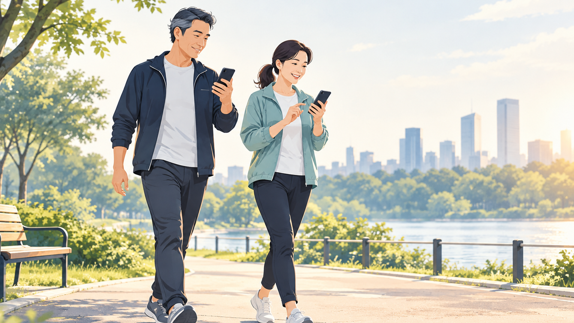 朝の公園でスマートフォンの歩数計を確認しながらウォーキングする中年の男女