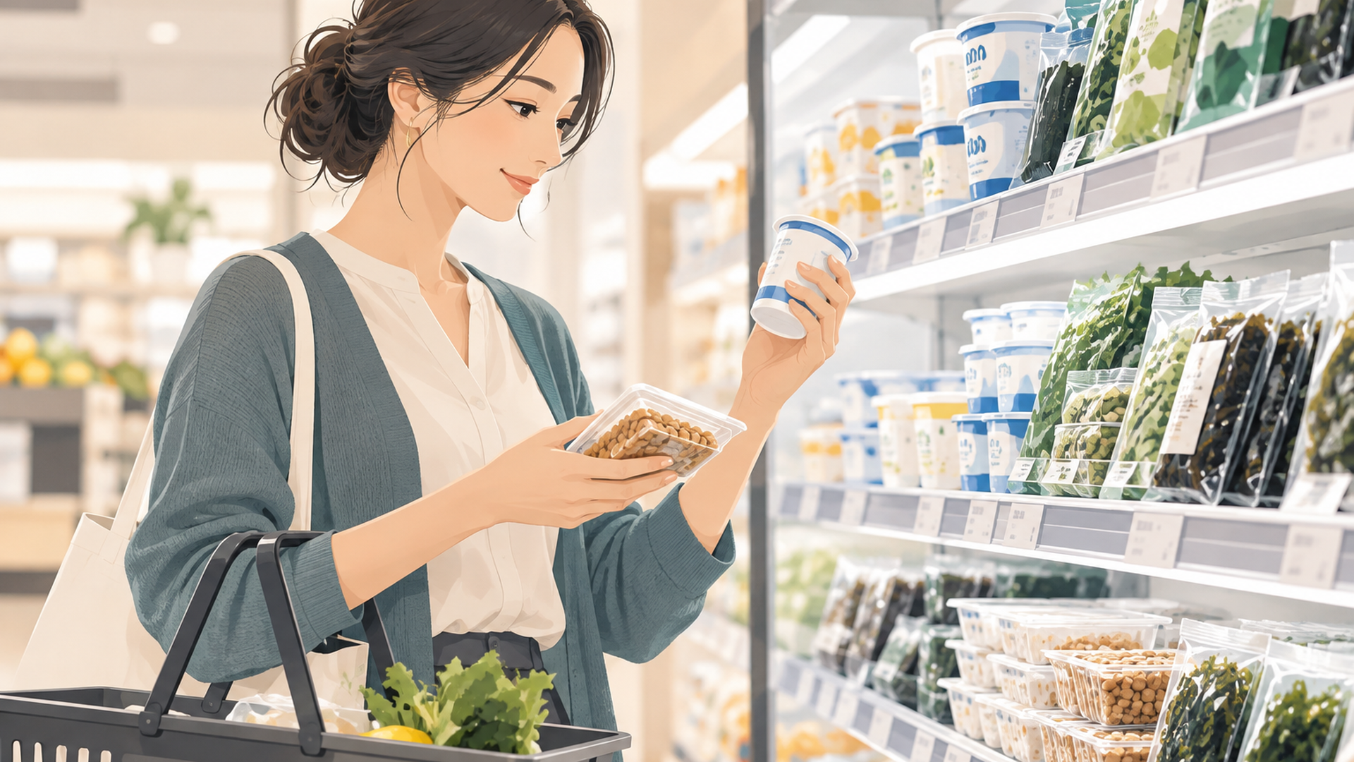 スーパーの売り場で納豆やヨーグルト、海藻を手に取って選ぶ女性の写真