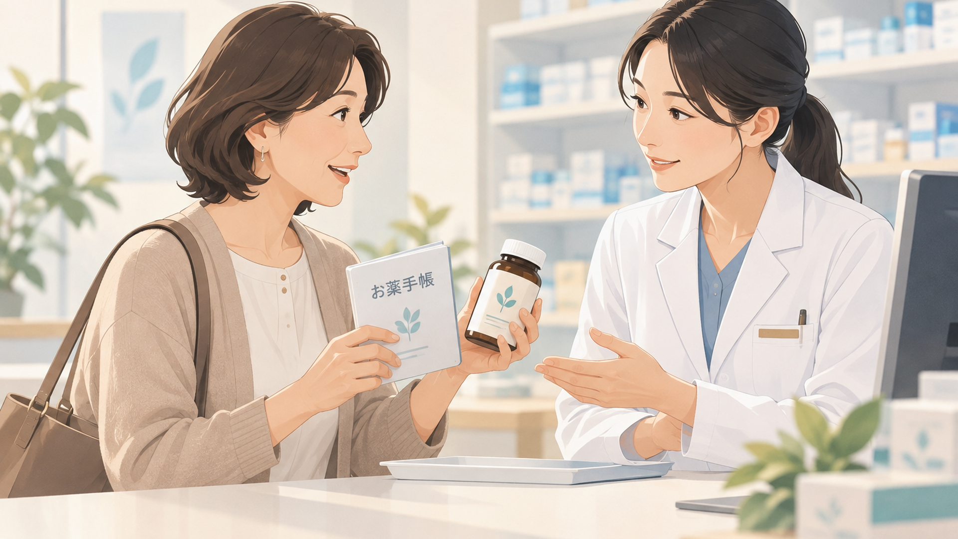 薬局のカウンターでお薬手帳とサプリを見せながら薬剤師に相談する中年女性