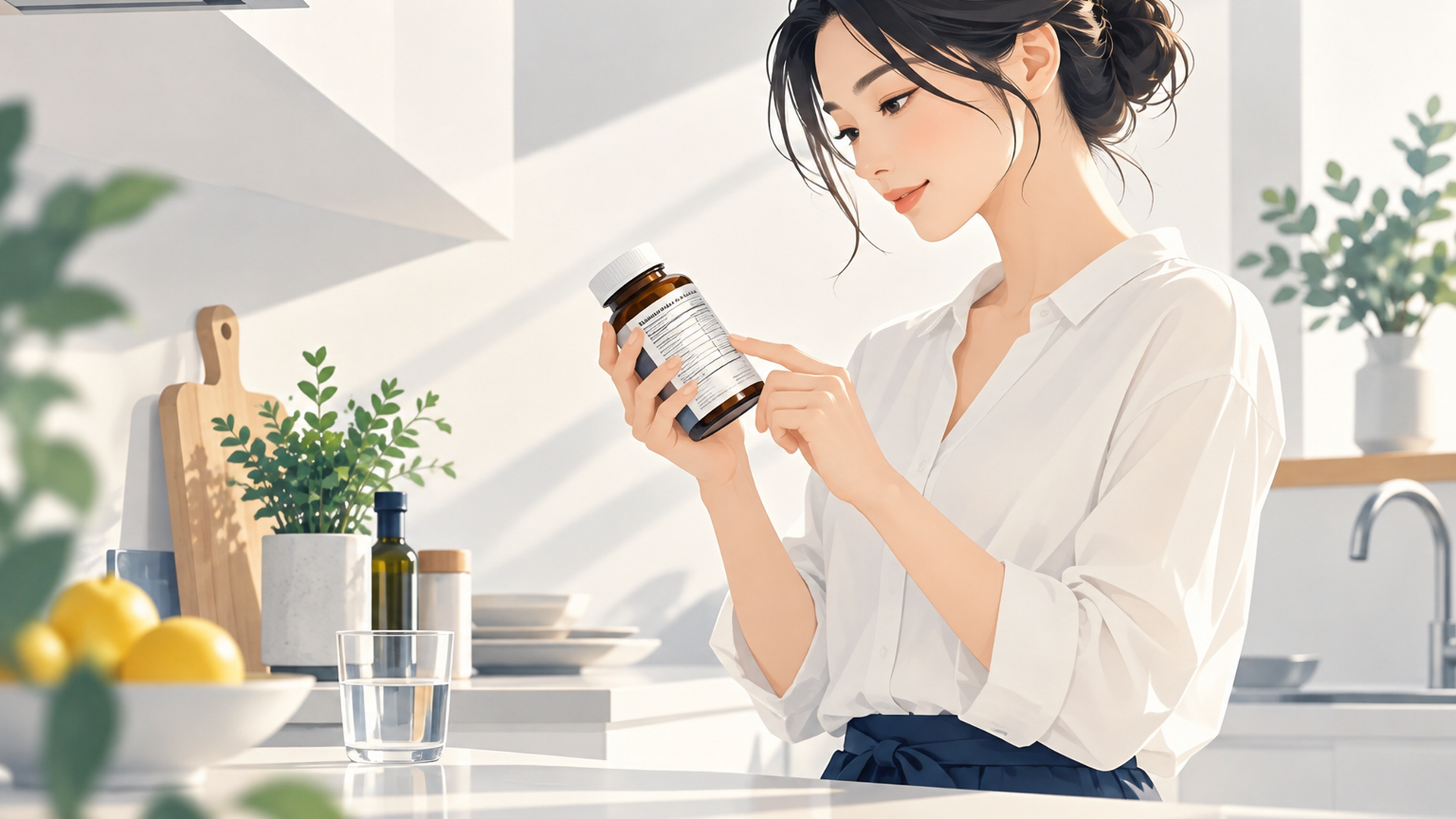 キッチンでサプリのボトルの成分表示を確かめる女性