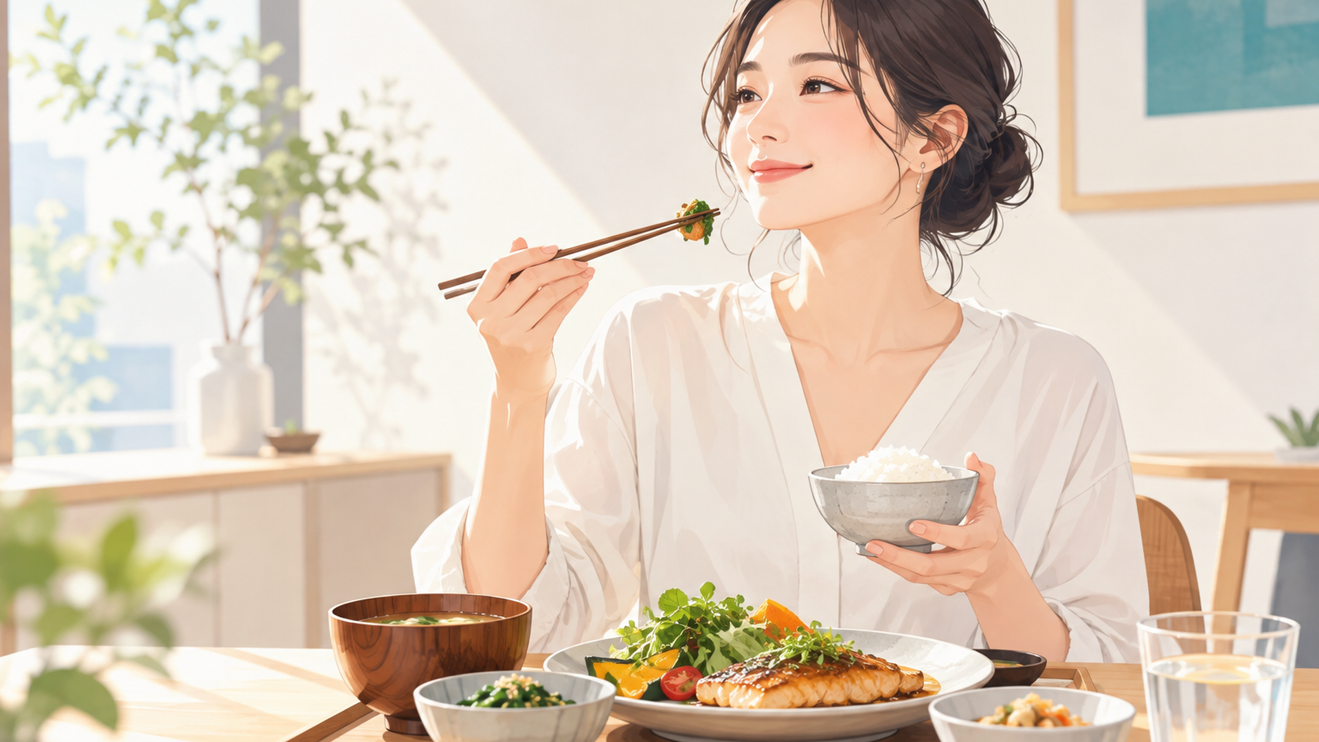 主食・主菜・副菜がそろった定食を明るいダイニングで食べる女性